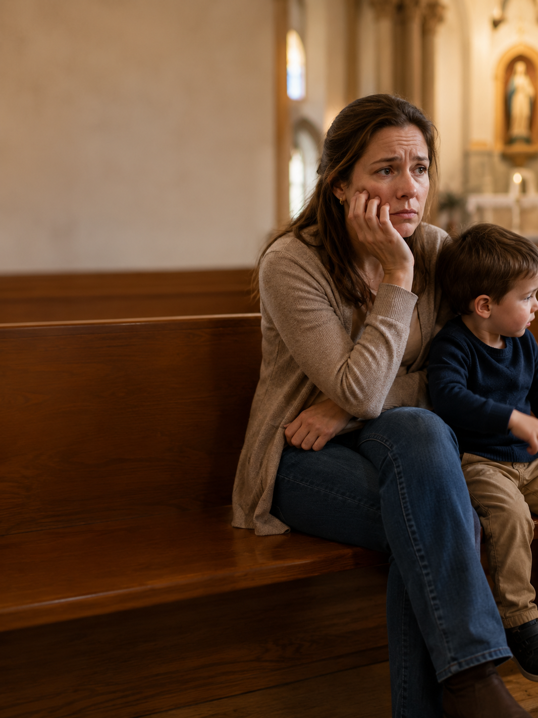 Mamá preocupada porque su hijo pequeño está inquieto en la banca de la iglesia