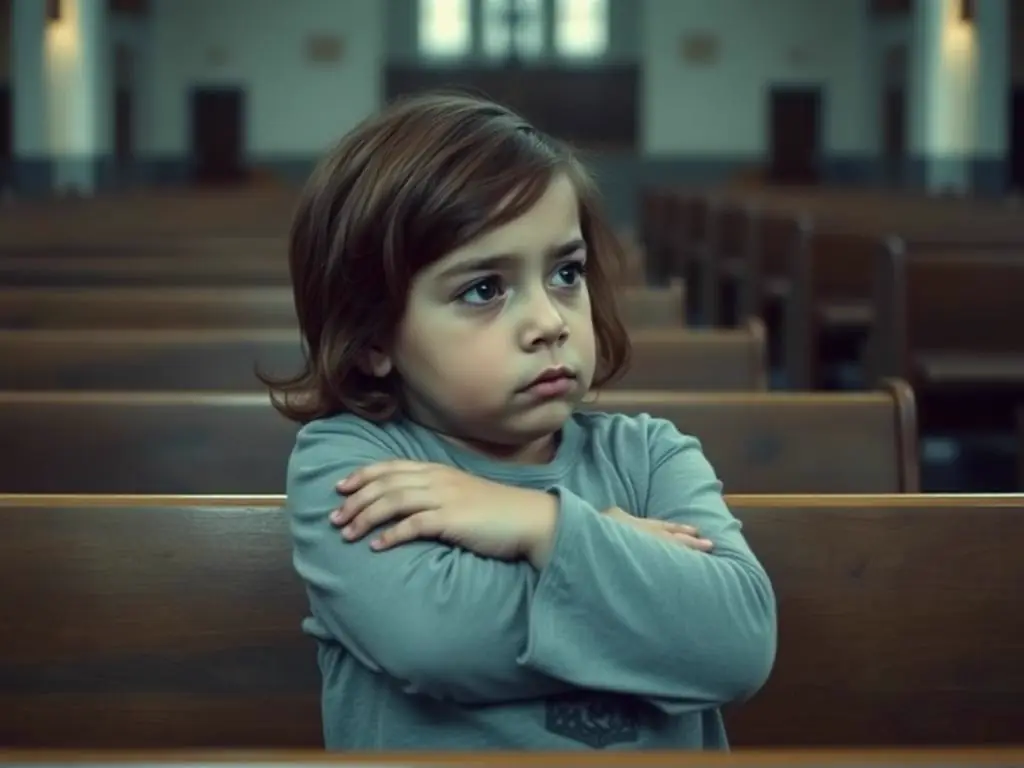 Niño aburrido con los brazos cruzados en la banca de la iglesia