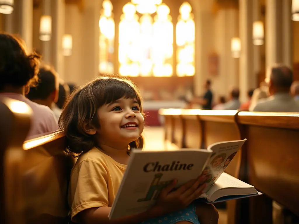 Niño sonriendo en la Misa, sosteniendo el Misal, bañado por luz dorada