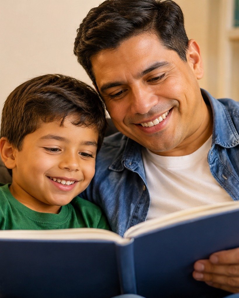 Padre e hijo leyendo juntos el Misal Infantil